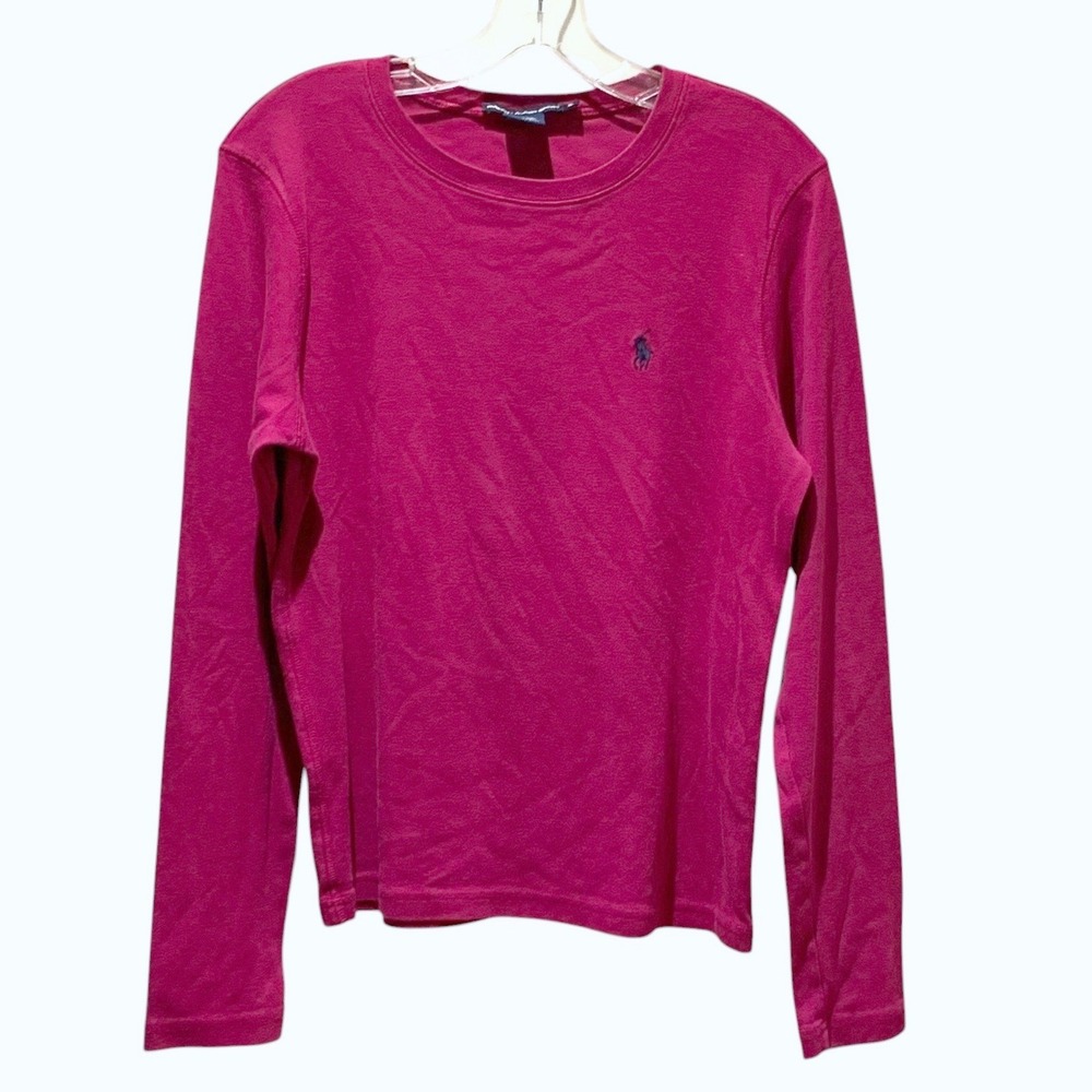 Ralph Lauren Sport Women XL Fuchsia Cotton Long Sleeve Tee Pony Logo Tennis Prep